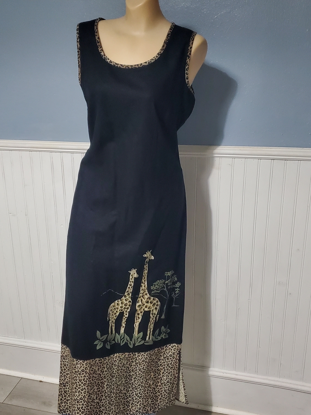 Vintage 90's Studio Ease Safari Linen Blend Maxi Dress Sz 10 Teacher Animalprint